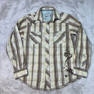 Rock 47 Wrangler Vintage Western Shirt Size M Pearl Snap Long Sleeve Cowboy
